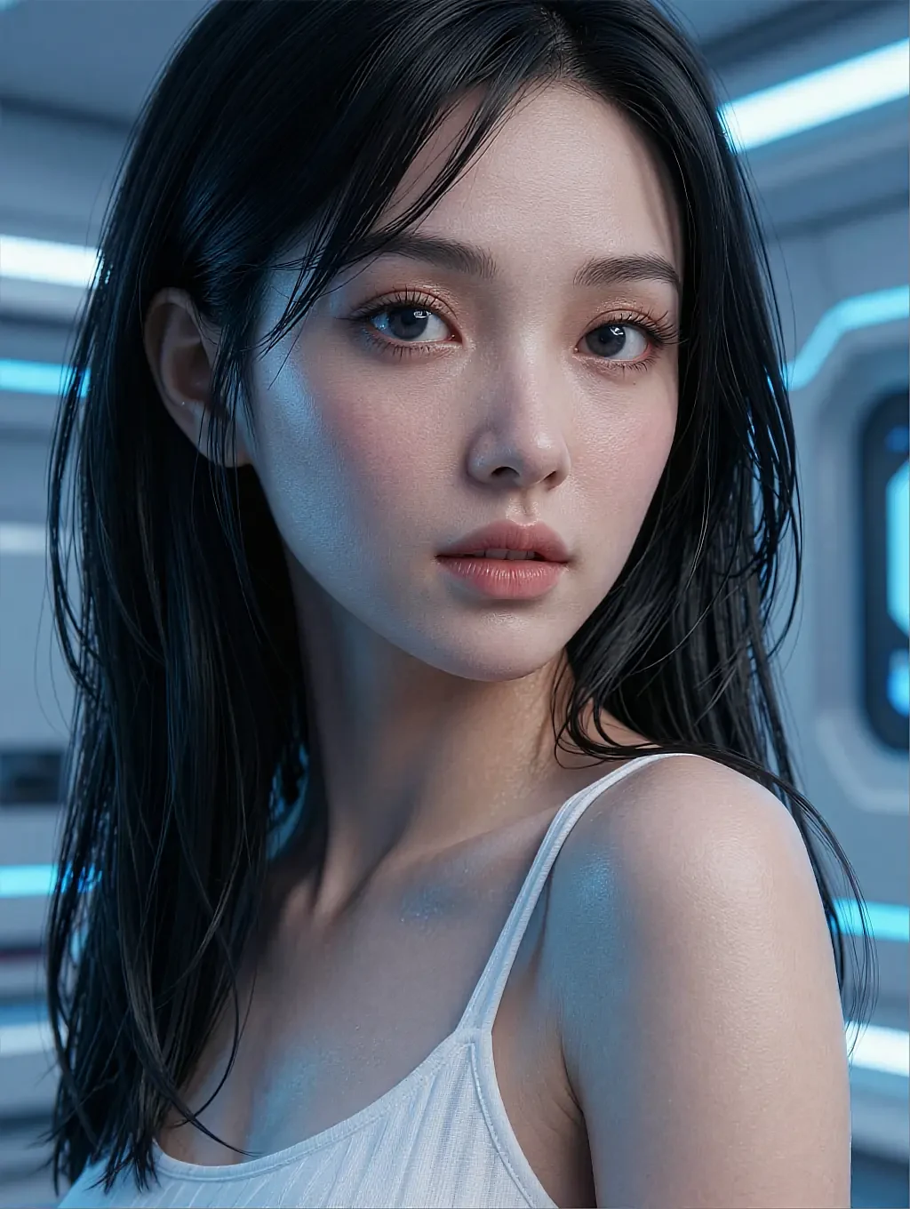 Fictional AI character featured on the first landing page, in a lamplit room